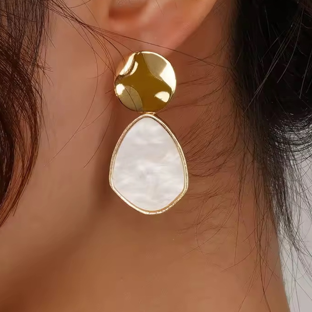 Classic Gold Toned and White Geometric Drop Earrings (A27)
